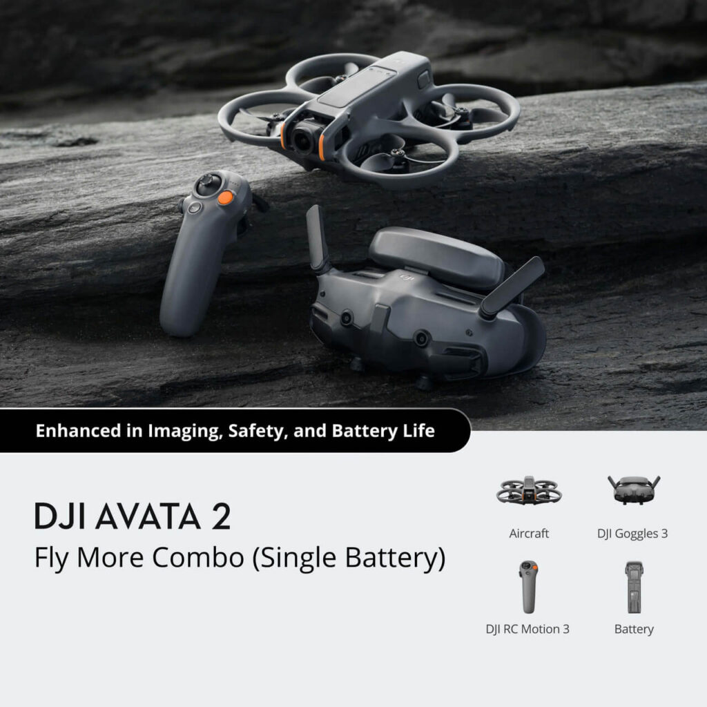 DJI Avata 2 — önden görünüm, dahili pervane koruması
