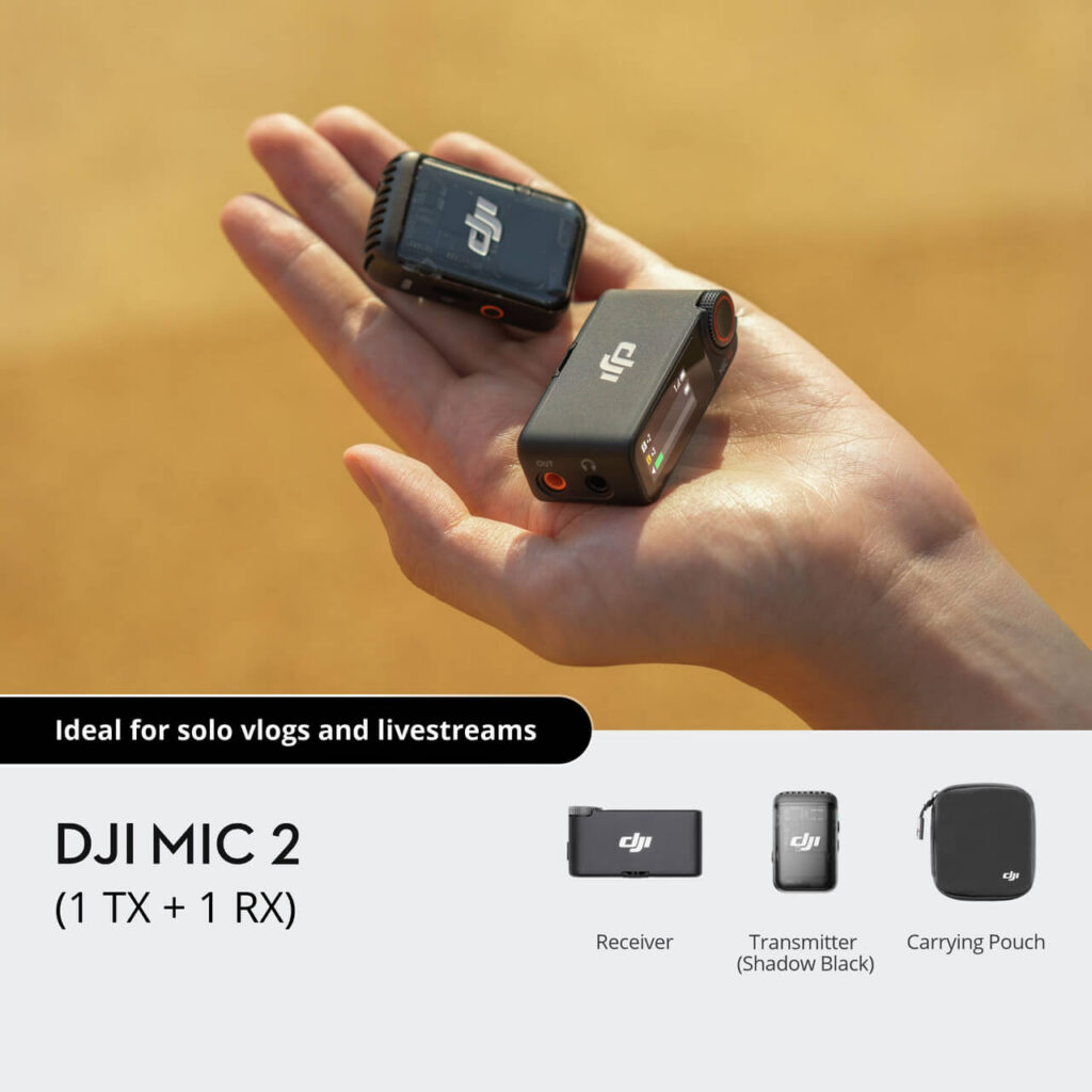 DJI Mic 2 (1 TX + 1 RX) — verici, dokunmatik alıcı ve taşıma kesesi