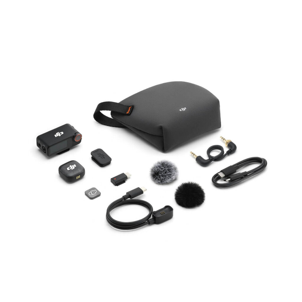 DJI Mic 3 (1 TX + 1 RX) — kutudan çıkan tüm parçalar