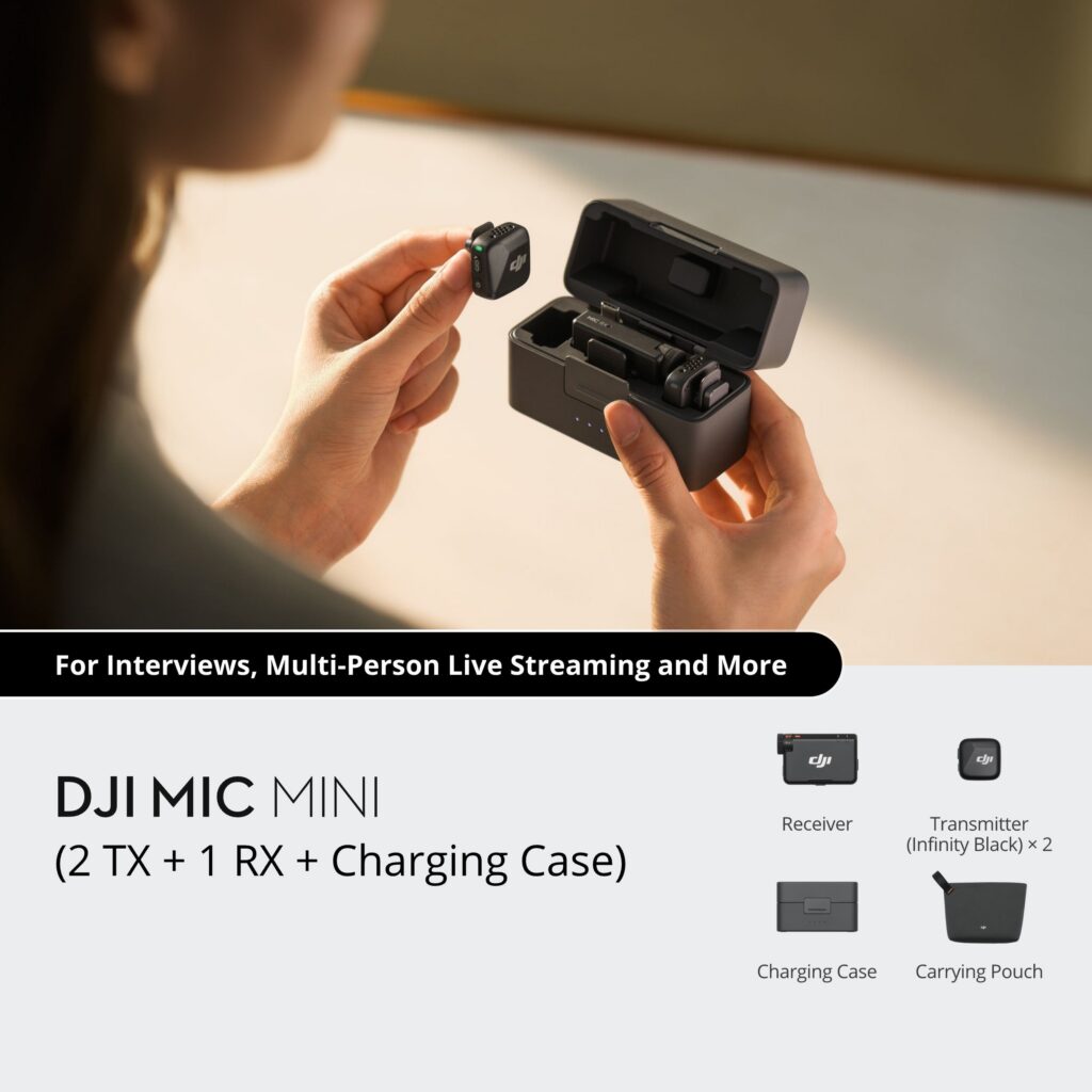 DJI Mic Mini kutu içeriği: 2 verici, 1 alıcı, şarj kutusu ve taşıma kesesi
