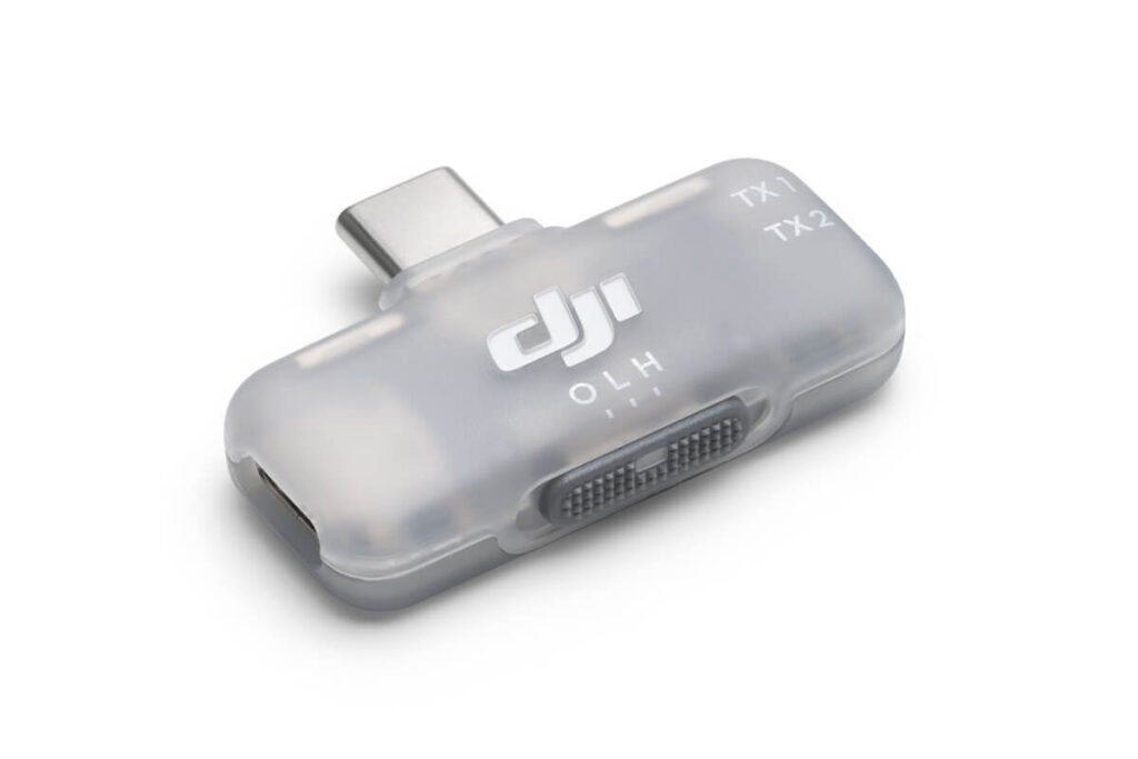 DJI Mic Serisi Mobil Alıcı — USB-C fiş, eşleştirme tuşu ve O/L/H anahtarı