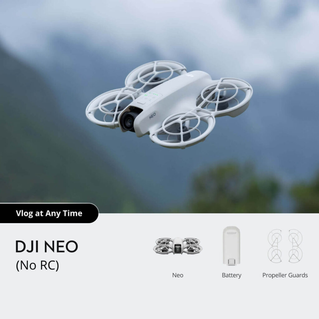 DJI Neo — önden görünüm, tam kapsamalı pervane koruması
