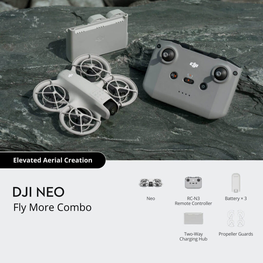 DJI Neo — önden görünüm, tam kapsamalı pervane koruması