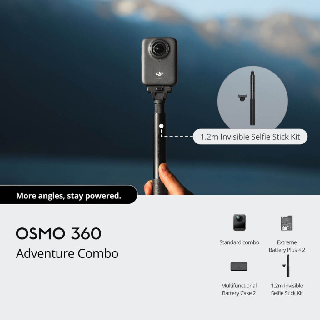 DJI Osmo 360 Adventure Combo — selfie çubuğu ve batarya seti