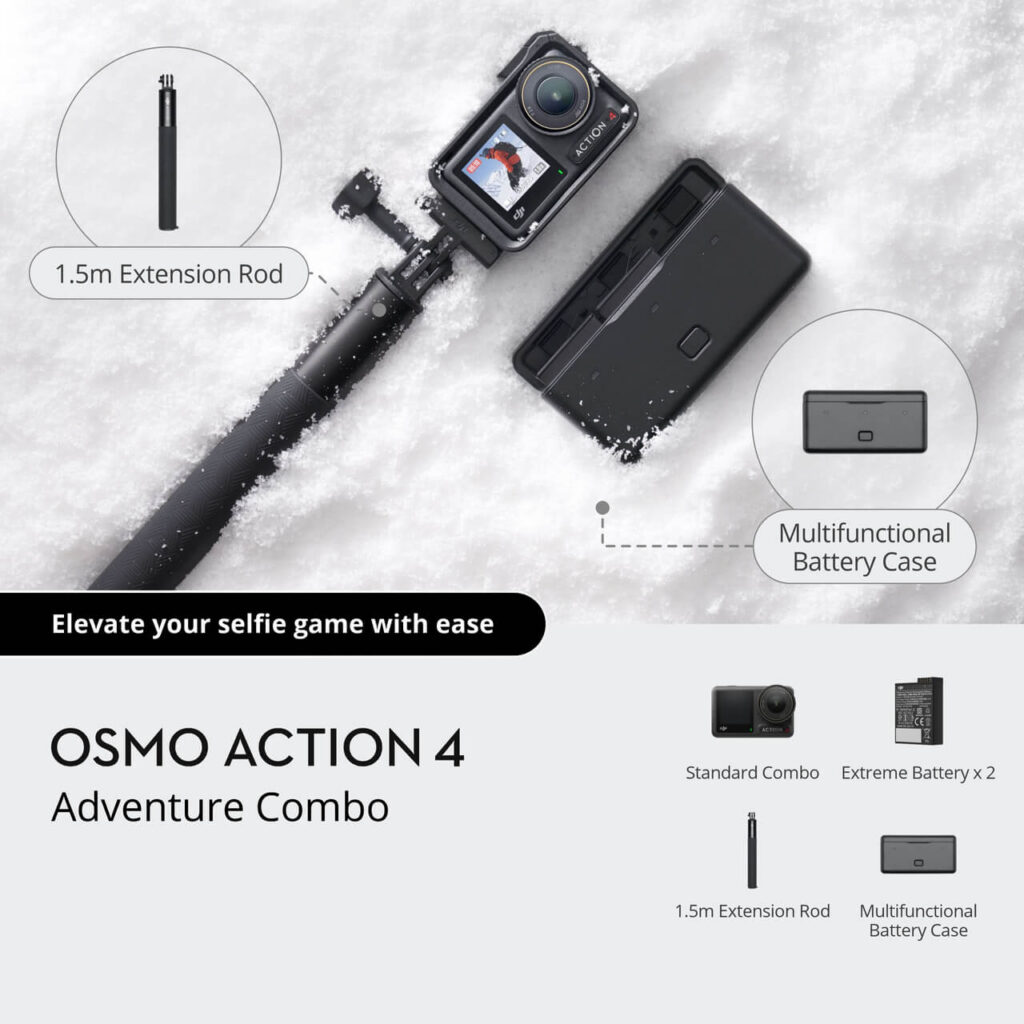 DJI Osmo Action 4 Adventure Combo — 3 batarya, kutu ve uzatma çubuğu