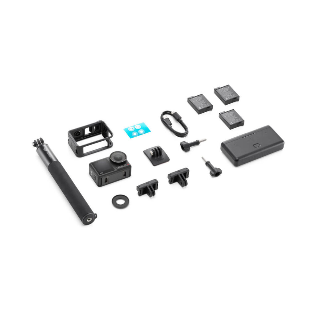 DJI Osmo Action 4 Adventure Combo — kutudan çıkan tüm parçalar