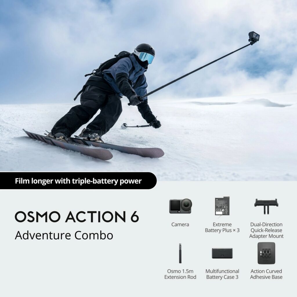 DJI Osmo Action 6 Adventure Combo — 3 batarya, şarj kutusu ve uzatma çubuğu