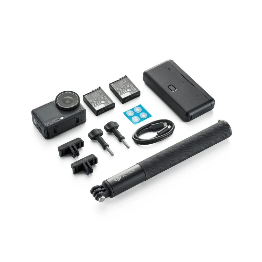 DJI Osmo Action 6 Adventure Combo — kutudan çıkan tüm parçalar