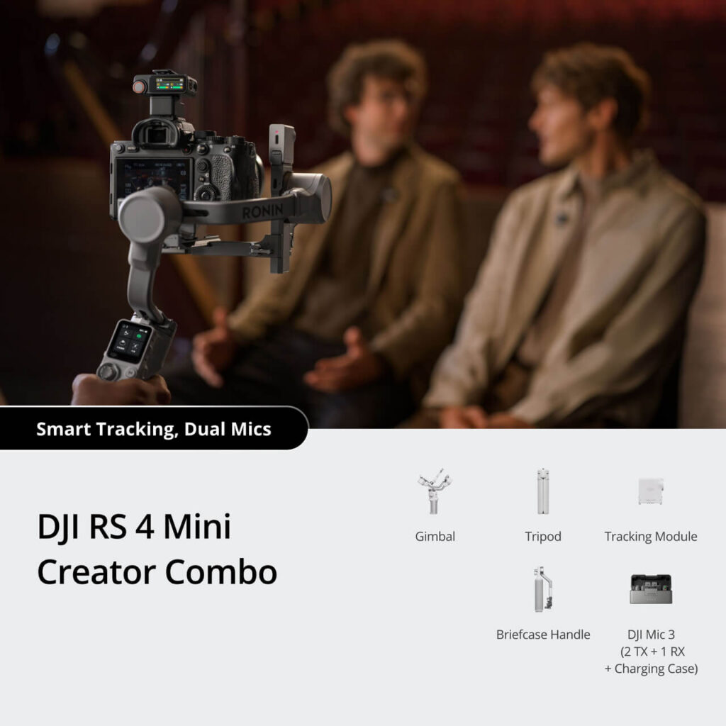 DJI RS 4 Mini Creator Combo — kutudan çıkan set: gimbal, tripod, takip modülü, çanta tutamağı ve DJI Mic 3