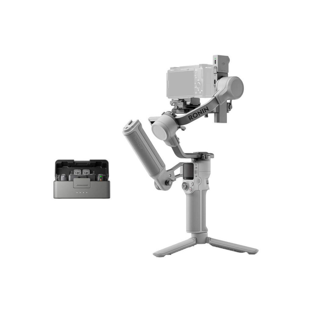 DJI RS 4 Mini Creator Combo — gimbal, çanta tutamağı ve DJI Mic 3 şarj kutusu