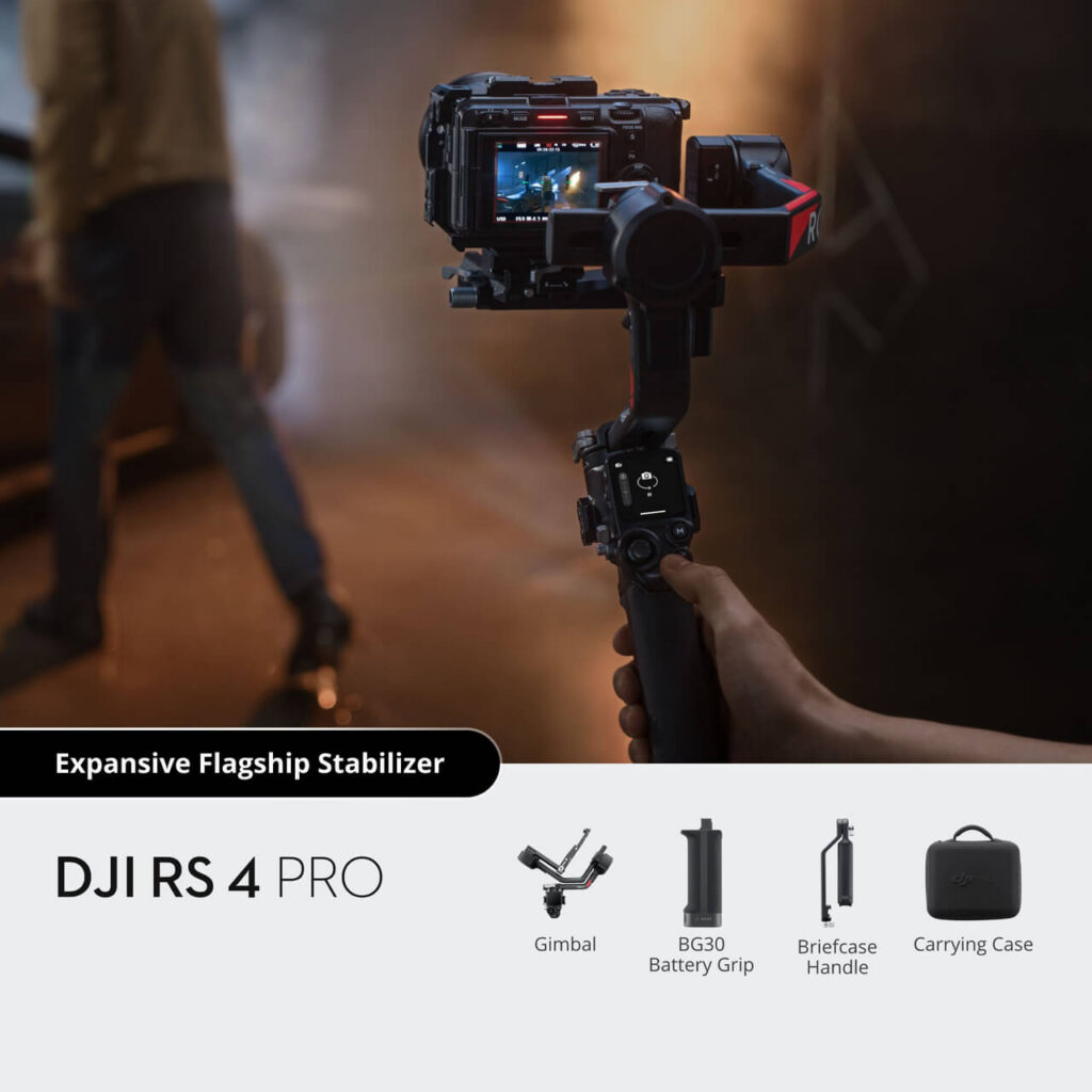 DJI RS 4 Pro — set içeriği: BG30 tutamak, çanta tutamağı, taşıma çantası