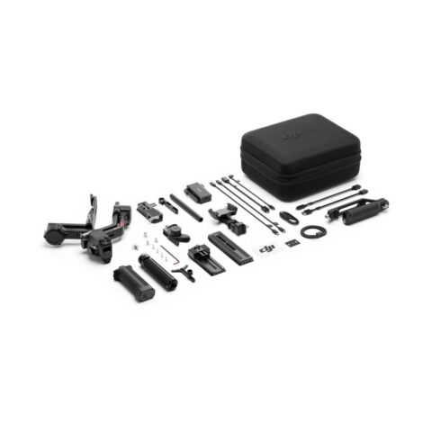 DJI RS 4 Pro Combo — kutudan çıkan tüm parçalar ve taşıma çantası