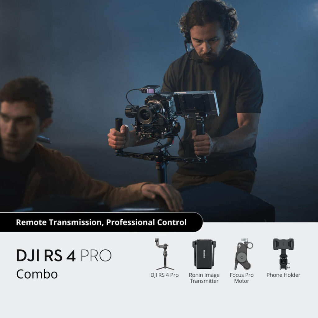 DJI RS 4 Pro Combo — gimbal, Ronin görüntü vericisi, Focus Pro Motor ve telefon tutucu