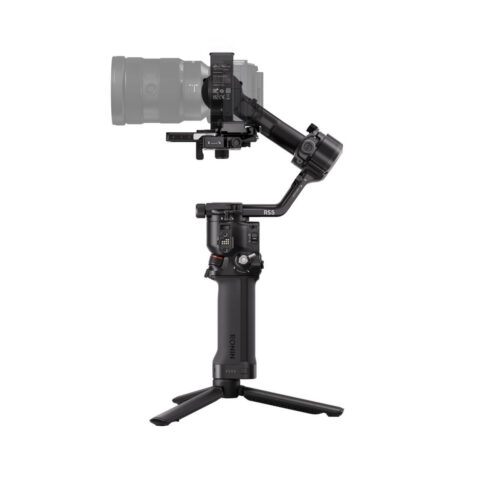 DJI RS 5 — yan görünüm, tripod ve hızlı çıkarma plakası