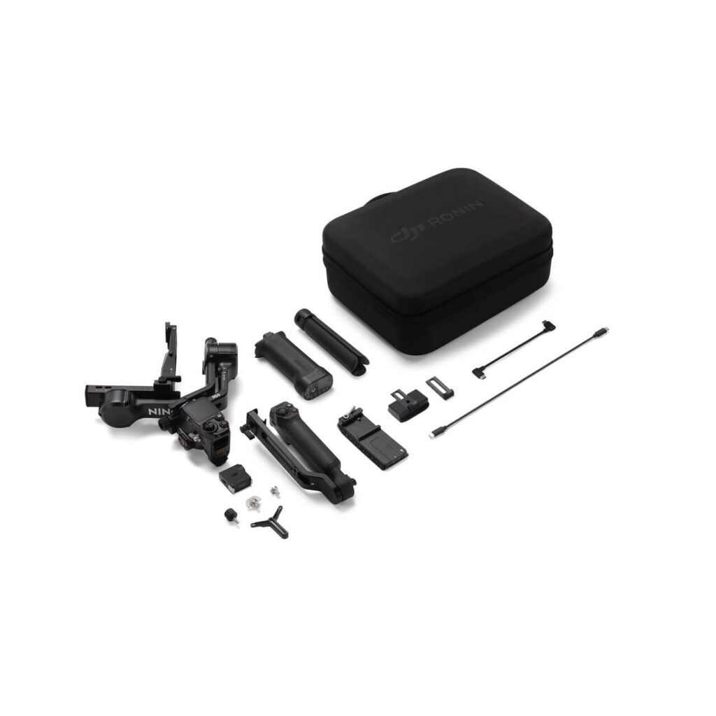 DJI RS 5 Combo — kutudan çıkan tüm parçalar ve taşıma çantası