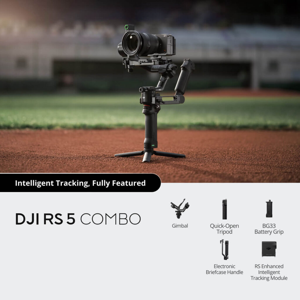 DJI RS 5 Combo — set içeriği: takip modülü ve çanta tutamağı
